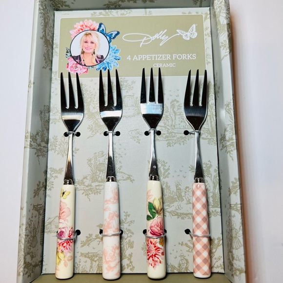 Dolly Parton Other - 4 Dolly Parton Appetizer Forks Ceramic Handles Pink White Flowers Gingham